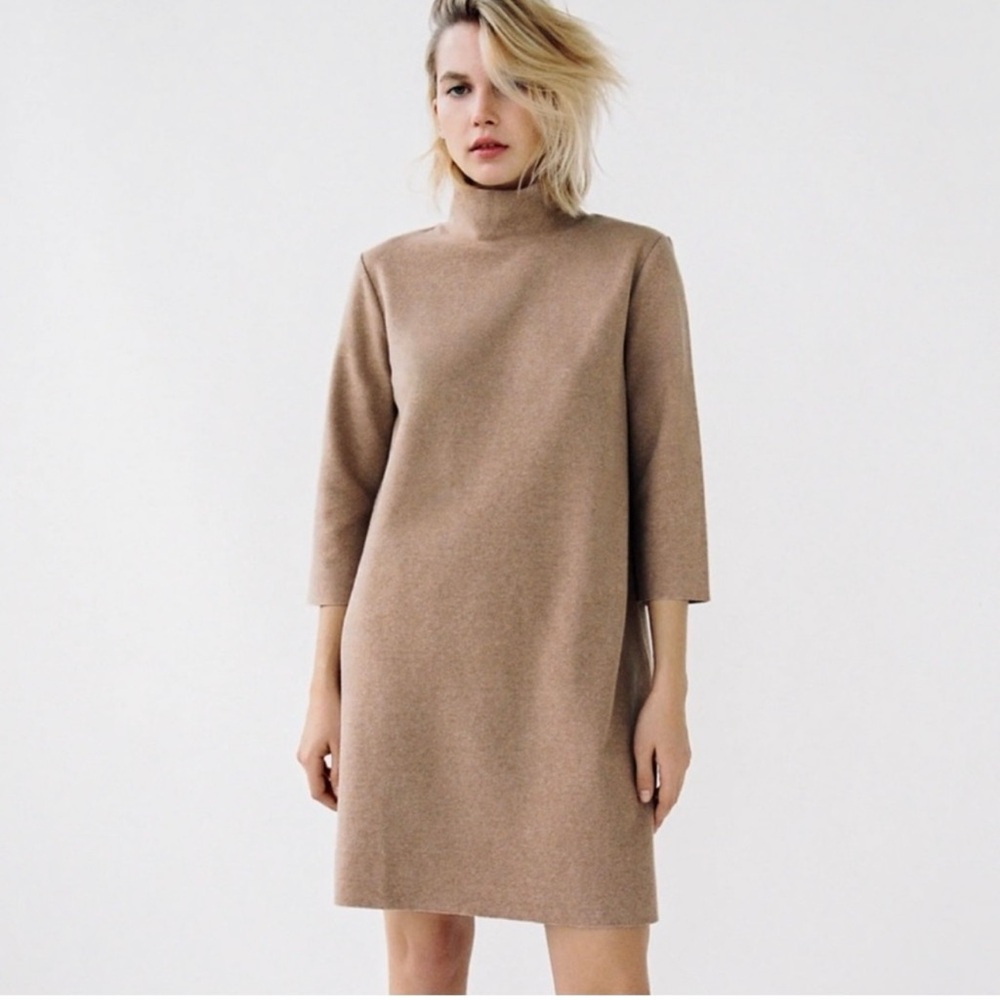 Zara Elegant Tan Turtleneck Dress